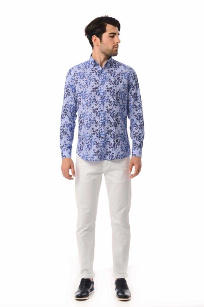 Mavi Desenli Slim Fit Keten Gömlek - 2