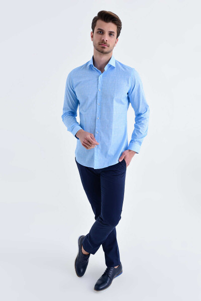 Baskılı Slim Fit Mavi Gömlek - 2