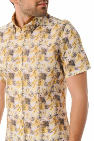 Sarı Slim Fit Baskılı 100% Pamuk Kısa Kol Spor Gömlek - Thumbnail