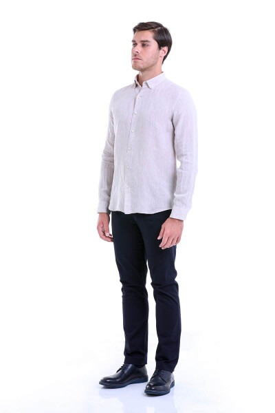 Bej Comfort Fit Düz 100% Keten Düğmeli Yaka Uzun Kollu Casual Keten Gömlek - Thumbnail