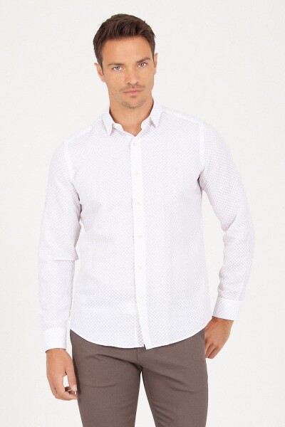 BEJ B Slim Fit Baskılı Uzun Kol Keten Gömlek - 1