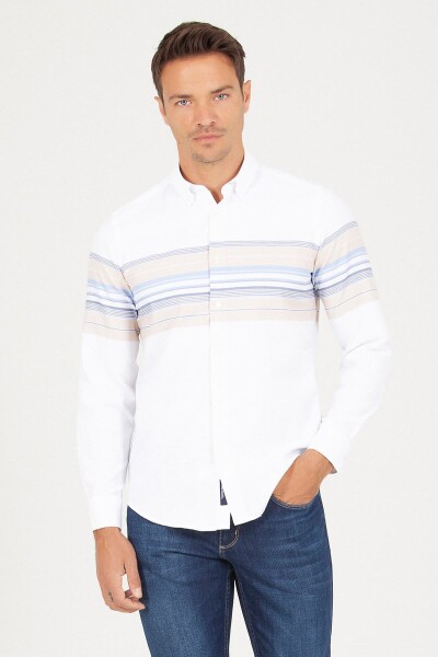 Slim Fit Çizgili Beyaz Gömlek - 1