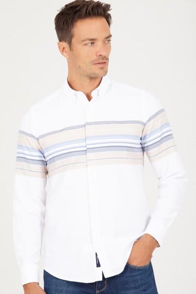 Slim Fit Çizgili Beyaz Gömlek - 2