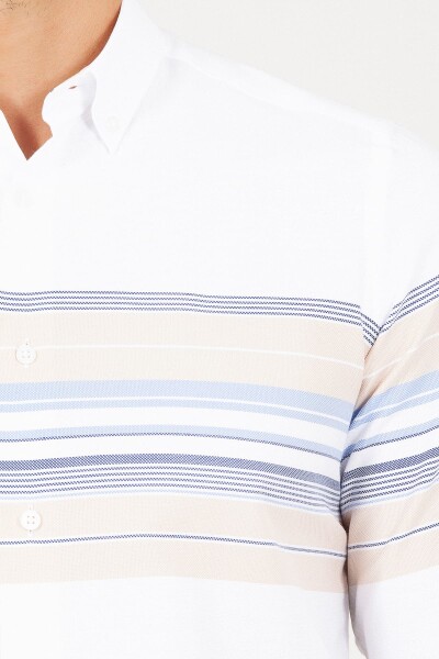 Slim Fit Çizgili Beyaz Gömlek - 4