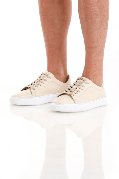 Bej Casual Bağcıklı Deri Sneakers - 2