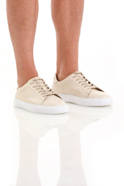 Bej Casual Bağcıklı Deri Sneakers - 3