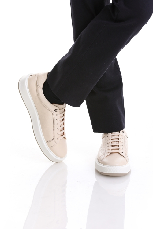 Bej Casual Bağcıklı Deri Sneakers - Thumbnail (3)