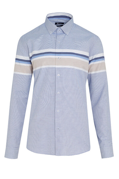 Bej Dinamik Fit Uzun Kol Pamuklu Çizgili Gömlek - 4