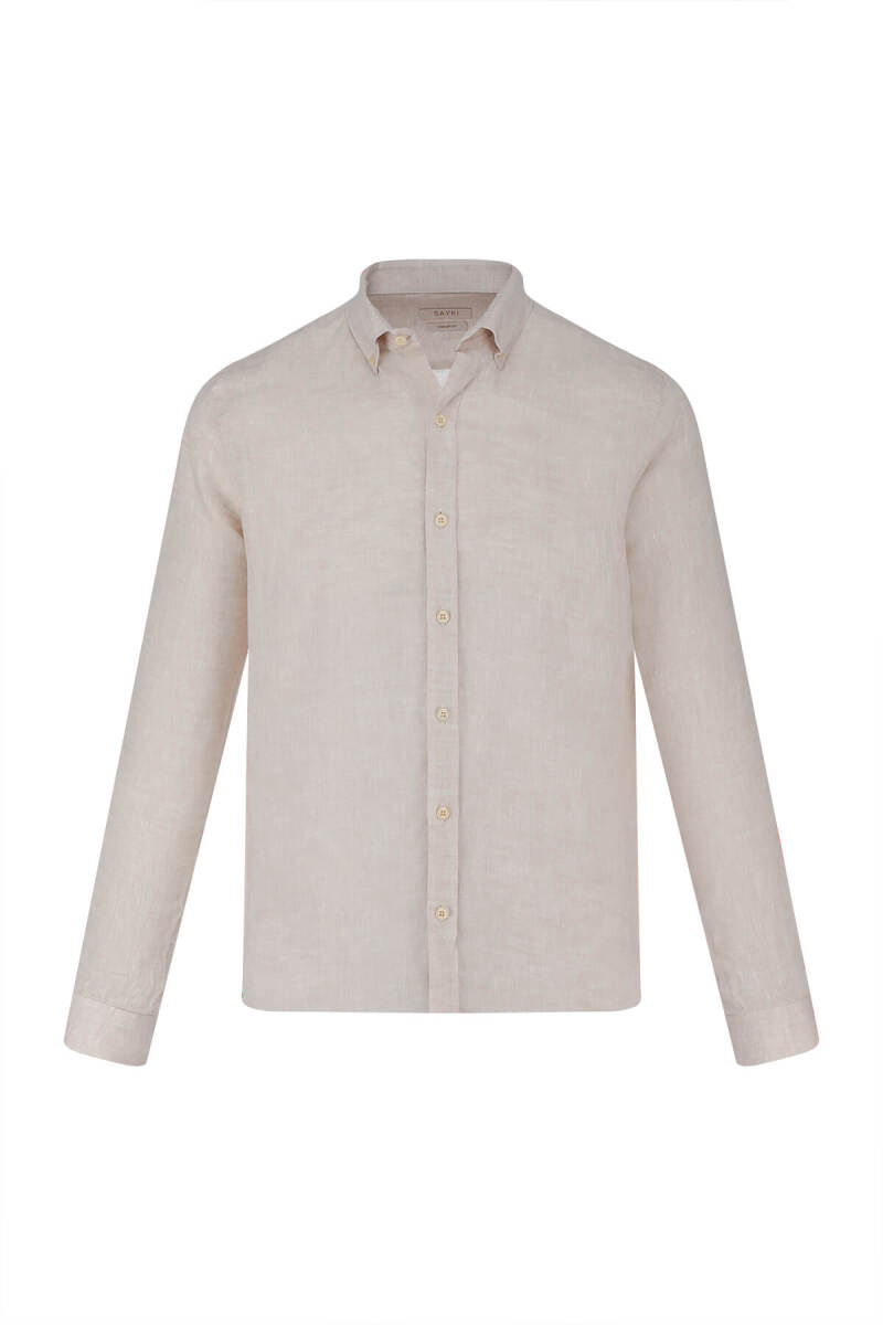 Bej Comfort Fit 100% Keten Düğmeli Yaka Uzun Kollu Keten Gömlek - Saykı