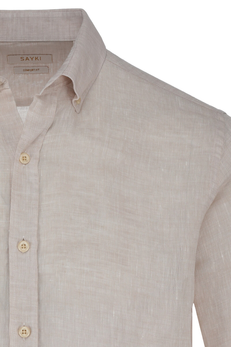 Bej Comfort Fit 100% Keten Düğmeli Yaka Uzun Kollu Keten Gömlek - Saykı (1)