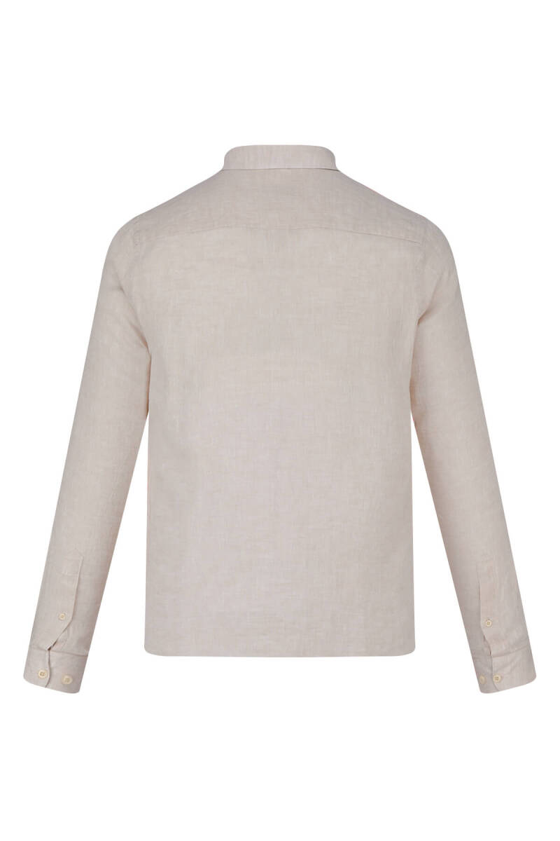 Bej Comfort Fit 100% Keten Düğmeli Yaka Uzun Kollu Keten Gömlek - Saykı (1)
