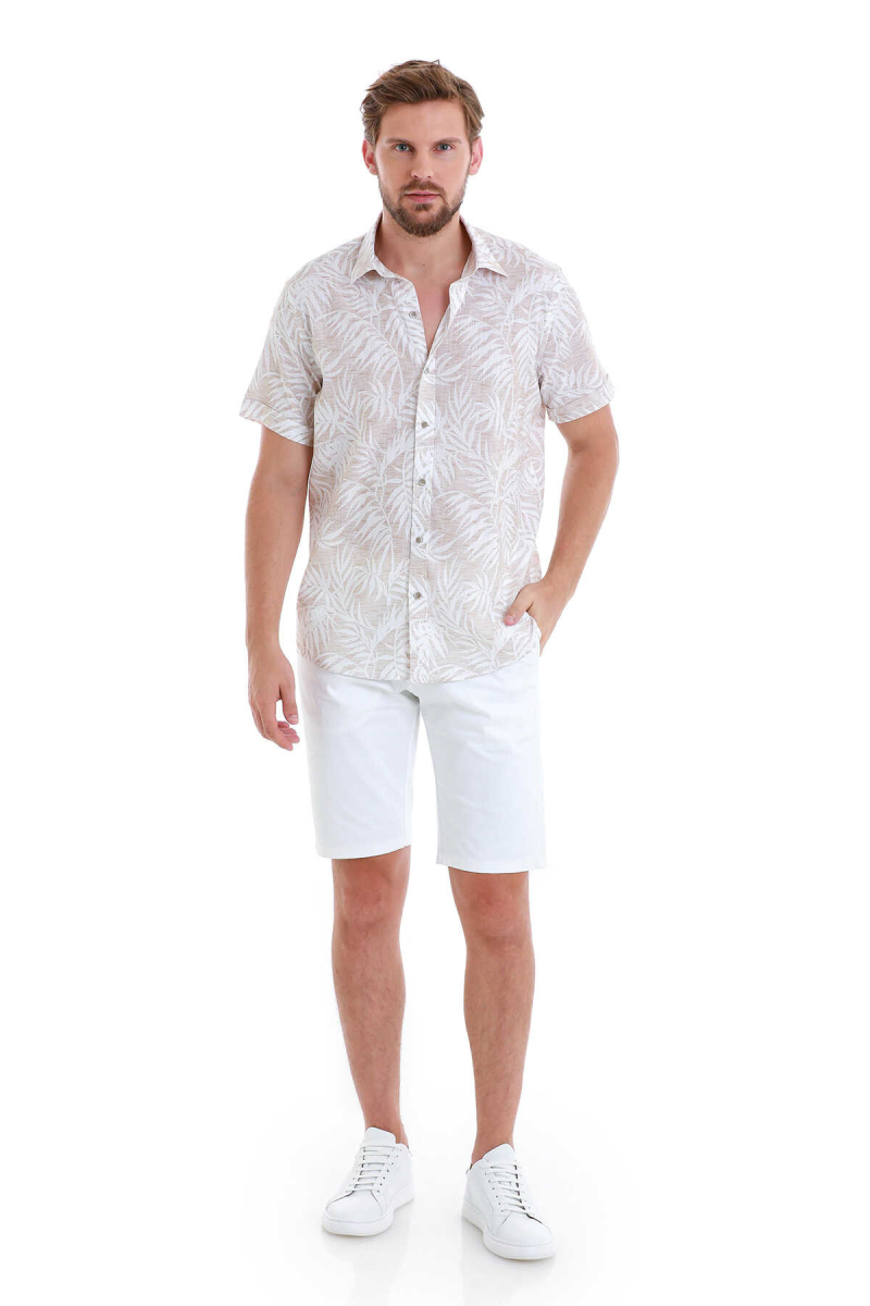 Bej Comfort Fit Baskılı 100% Pamuk Slim Yaka Kısa Kollu Gömlek - Hatem Saykı (1)