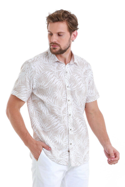 Bej Comfort Fit Baskılı 100% Pamuk Slim Yaka Kısa Kollu Gömlek - 3
