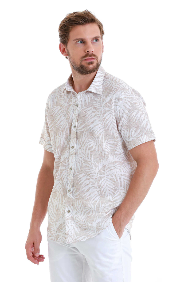 Bej Comfort Fit Baskılı 100% Pamuk Slim Yaka Kısa Kollu Gömlek - Hatem Saykı (1)