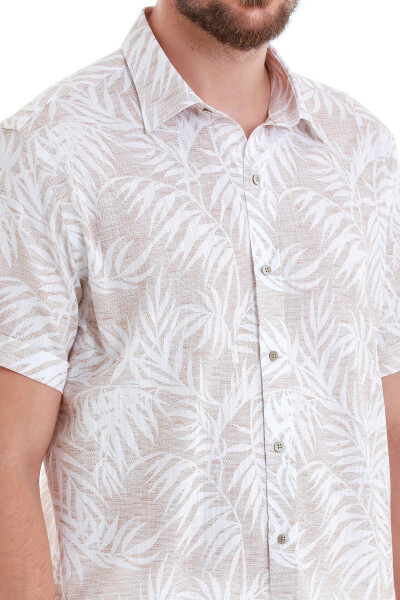 Bej Comfort Fit Baskılı 100% Pamuk Slim Yaka Kısa Kollu Gömlek - 5