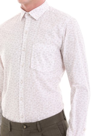 Bej Comfort Fit Baskılı 100% Pamuklu Slim Yaka Uzun Kollu Klasik Gömlek - Thumbnail