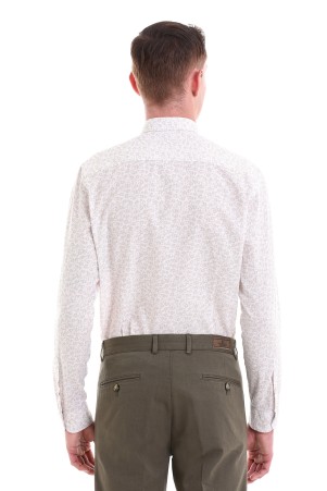 Bej Comfort Fit Baskılı 100% Pamuklu Slim Yaka Uzun Kollu Klasik Gömlek - Thumbnail