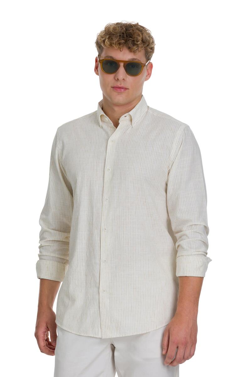 Bej Comfort Fit Çizgili Düğmeli Yaka Pamuk-Keten Uzun Kollu Gömlek - Saykı