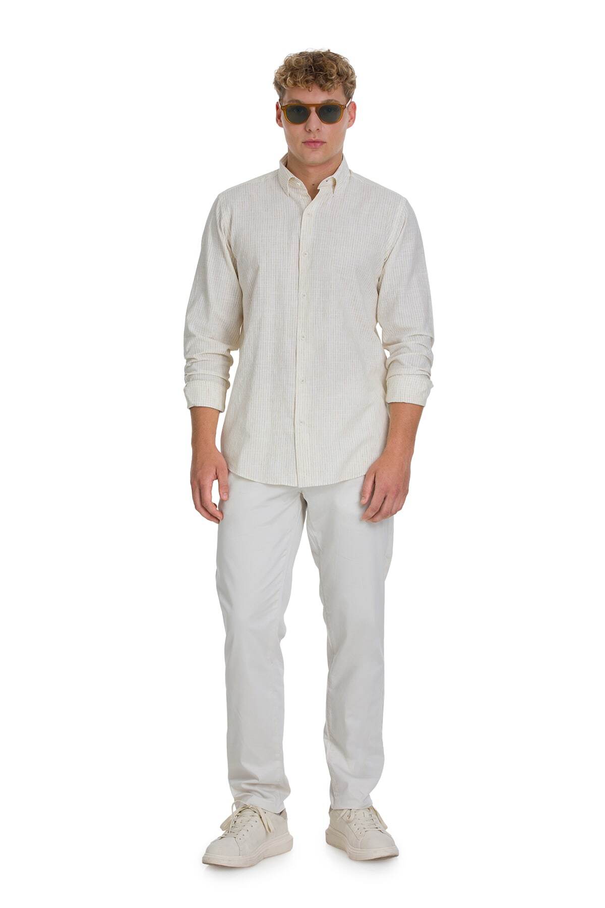 Bej Comfort Fit Çizgili Düğmeli Yaka Pamuk-Keten Uzun Kollu Gömlek - 2