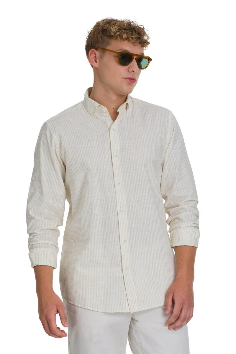 Bej Comfort Fit Çizgili Düğmeli Yaka Pamuk-Keten Uzun Kollu Gömlek - Saykı (1)