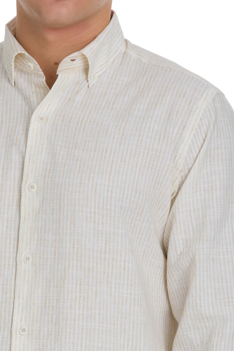 Bej Comfort Fit Çizgili Düğmeli Yaka Pamuk-Keten Uzun Kollu Gömlek - Saykı (1)