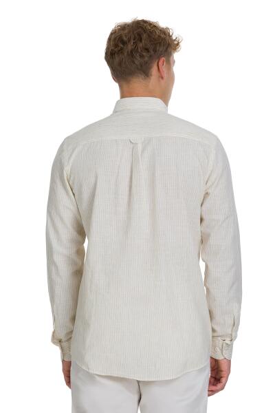 Bej Comfort Fit Çizgili Düğmeli Yaka Pamuk-Keten Uzun Kollu Gömlek - 5