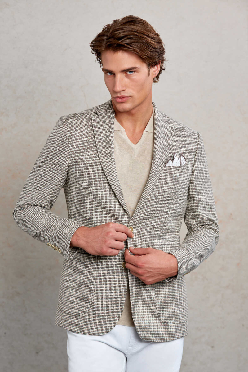 Bej Comfort Fit Desenli Mono Yaka Casual Ceket - Hatem Saykı