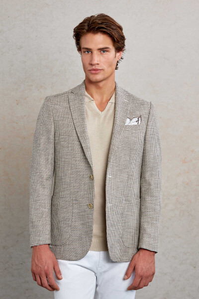 Bej Comfort Fit Desenli Mono Yaka Casual Ceket - 4