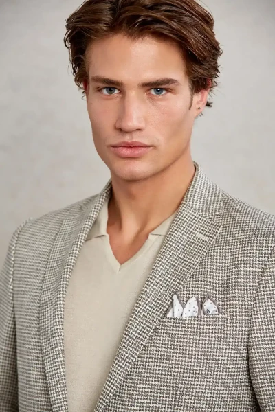 Bej Comfort Fit Desenli Mono Yaka Casual Ceket - 2