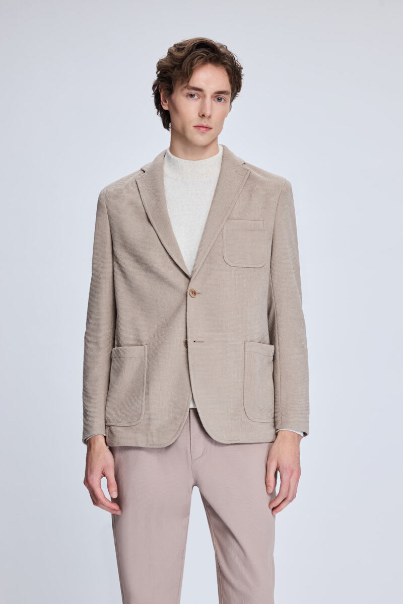 Bej Comfort Fit Desenli Mono Yaka Klasik Ceket - HTML