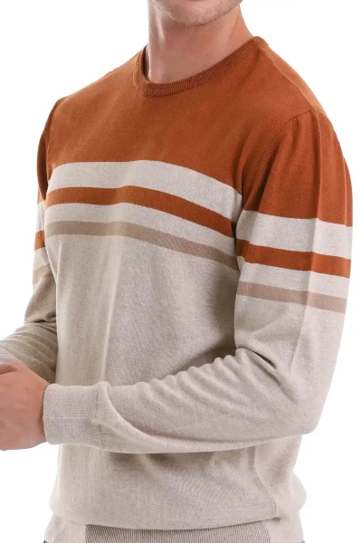 Bej Comfort Fit Desenli Pamuklu Bisiklet Yaka Casual Triko Kazak - 5