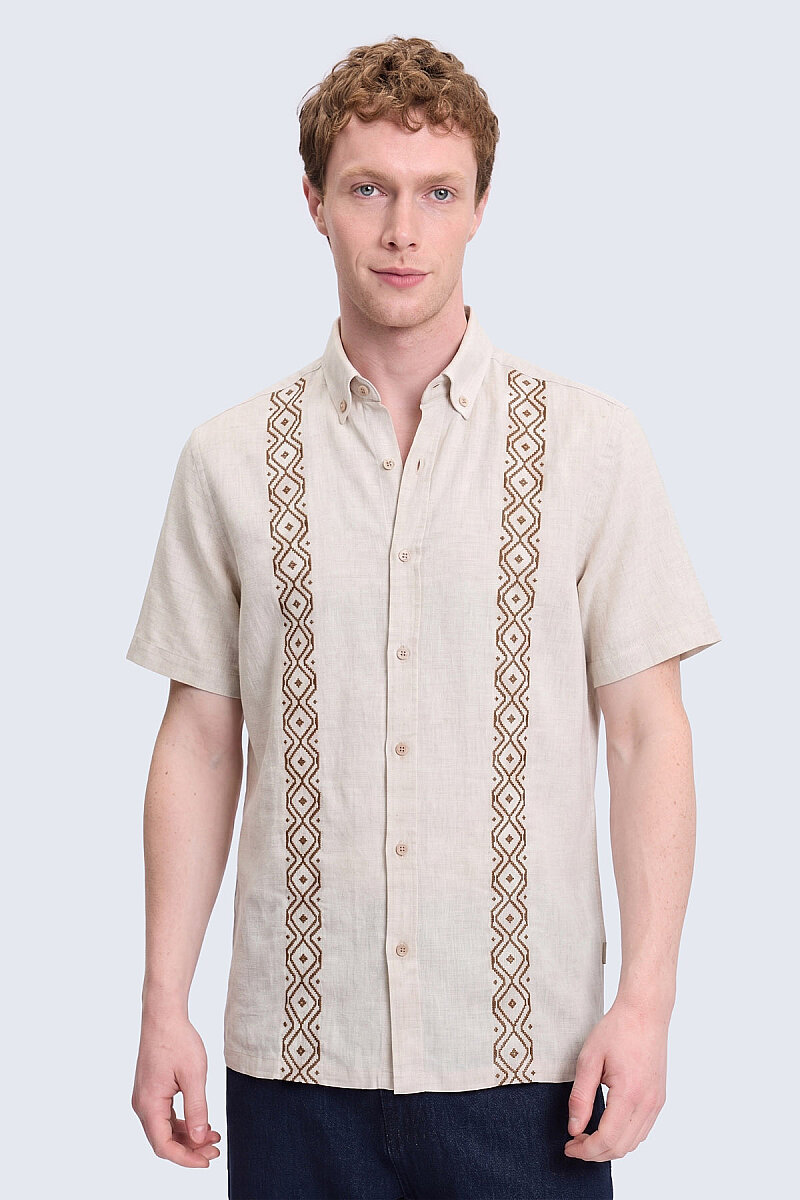 Bej Comfort Fit Düğmeli Yaka 100% Keten Kısa Kollu Gömlek