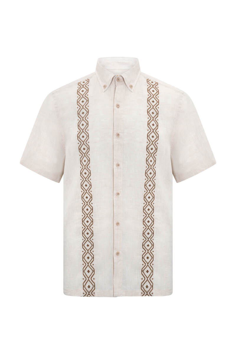 Bej Comfort Fit Düğmeli Yaka 100% Keten Kısa Kollu Gömlek - Saykı