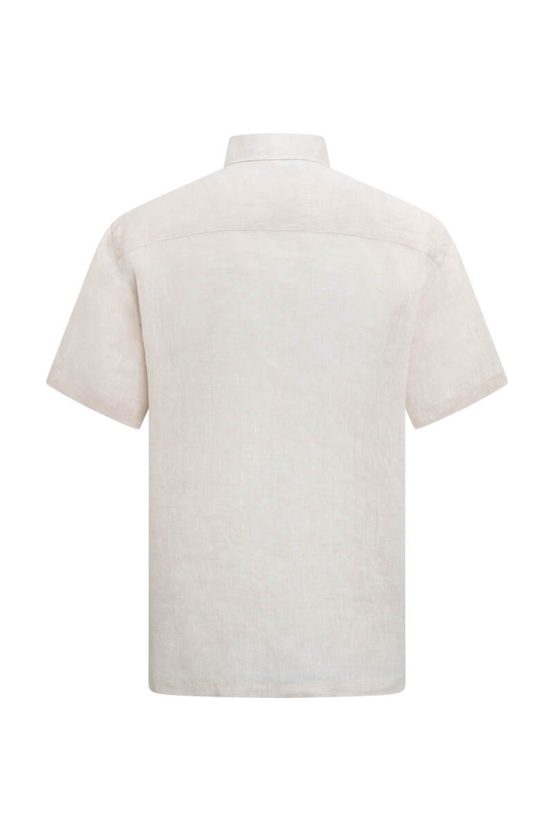 Bej Comfort Fit Düğmeli Yaka 100% Keten Kısa Kollu Gömlek - Saykı (1)