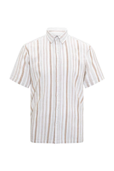 Bej Comfort Fit Düğmeli Yaka 100% Pamuk Kısa Kollu Gömlek - 1