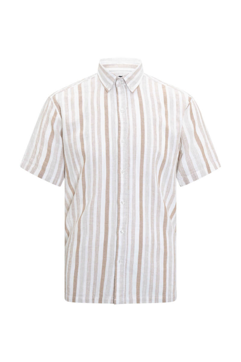 Bej Comfort Fit Düğmeli Yaka 100% Pamuk Kısa Kollu Gömlek - HTML