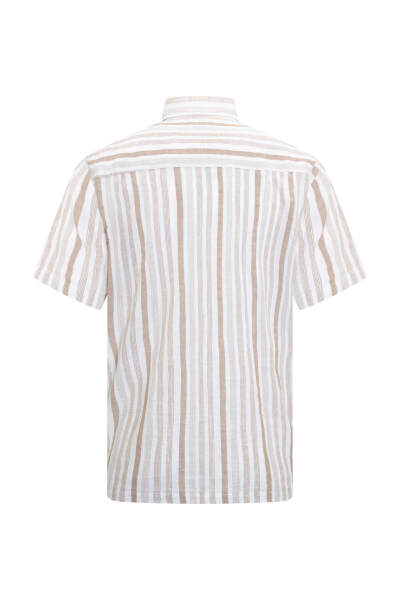 Bej Comfort Fit Düğmeli Yaka 100% Pamuk Kısa Kollu Gömlek - 2