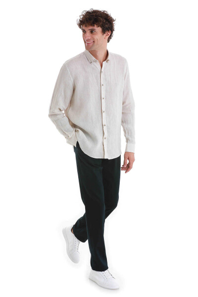 Bej Comfort Fit Düğmeli Yaka Uzun Kollu Keten Gömlek - 2