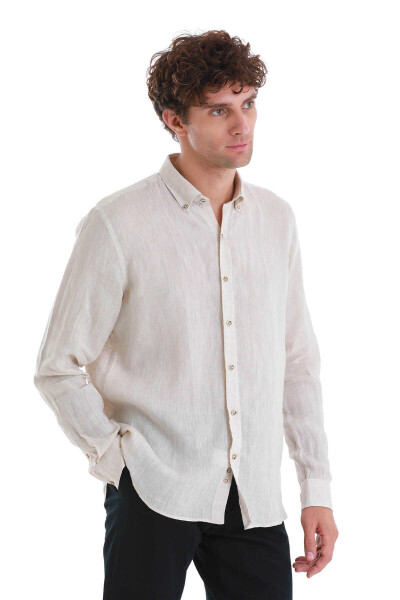 Bej Comfort Fit Düğmeli Yaka Uzun Kollu Keten Gömlek - 3