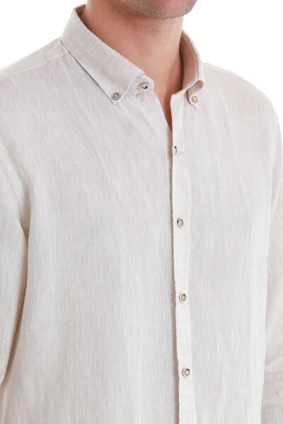 Bej Comfort Fit Düğmeli Yaka Uzun Kollu Keten Gömlek - 5