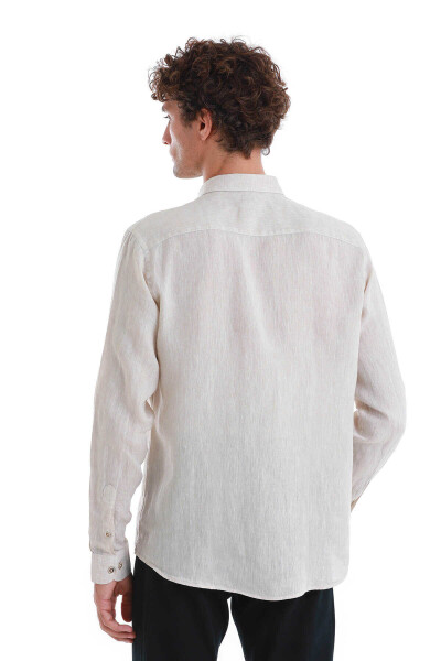 Bej Comfort Fit Düğmeli Yaka Uzun Kollu Keten Gömlek - 6