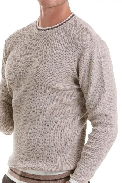 Bej Comfort Fit Pamuklu Bisiklet Yaka Casual Triko Kazak - 5