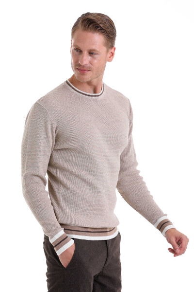 Bej Comfort Fit Pamuklu Bisiklet Yaka Casual Triko Kazak 
