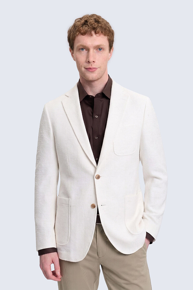 Bej Comfort Fit Mono Yaka Klasik Keten Ceket