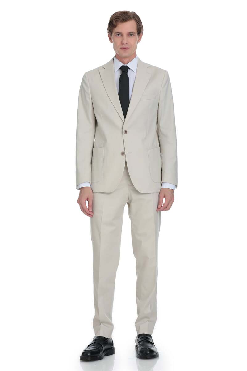 Bej Comfort Fit Mono Yaka Klasik Takım Elbise - Saykı