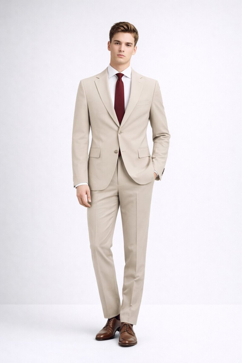Bej Comfort Fit Mono Yaka Takım Elbise