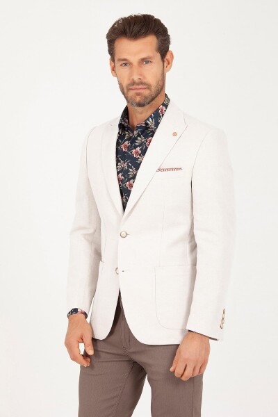 Bej Slim Fit Desenli Ceket - Thumbnail