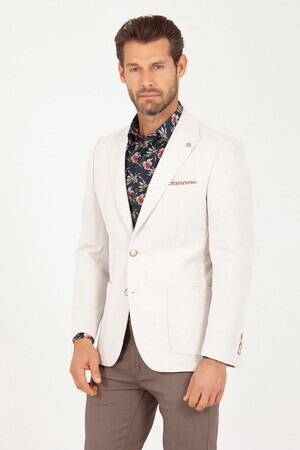Bej Slim Fit Desenli Ceket - Thumbnail