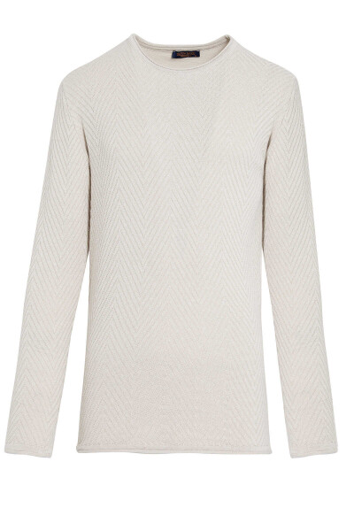 Bej Desenli Bisiklet Yaka Triko Kazak - 1