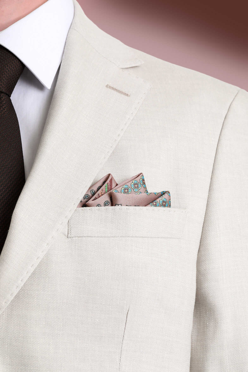 Bej Desenli Klasik Saten Cep Mendili - Hatem Saykı